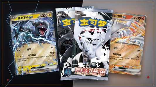Zekrom-ex, Reshiram-ex und die chinesischen Black-Bolt- und White-Flare-Booster vor schwarz-weiß geteiltem Hintergrund